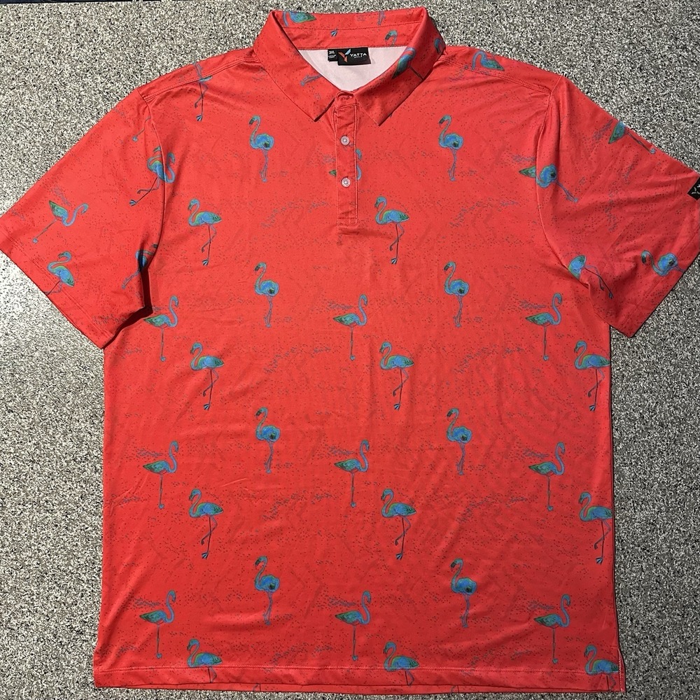 Yatta Golf Polo Shirt Mens 3XL Red Flamingos All Over Print Short Sleeve